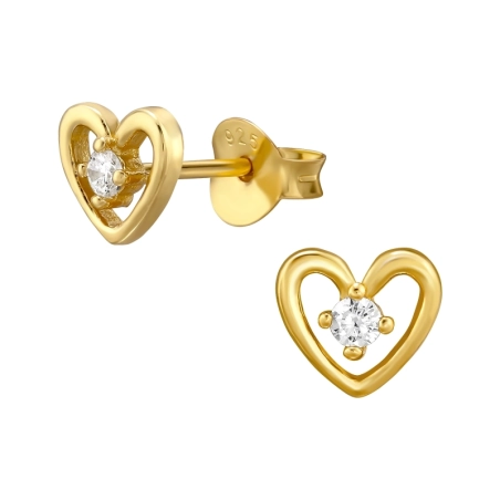 Golden Heart with Zirconia - 925 Sterling Silver Ear Studs With Zirconia Stones