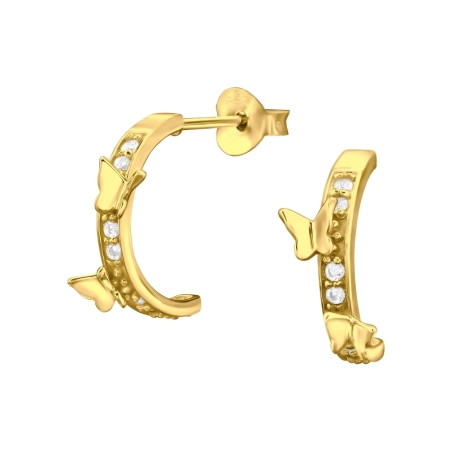 Golden butterflies with cubic zirconias - 925 Sterling Silver Ear Studs With Zirconia Stones