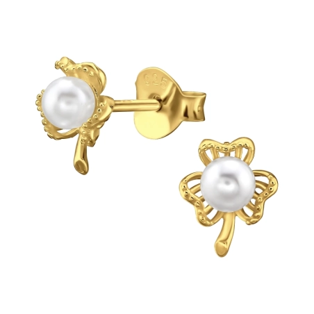 Golden Three-leaf clover with pearl - 925 Sterling Silver Ear Studs With Pearls