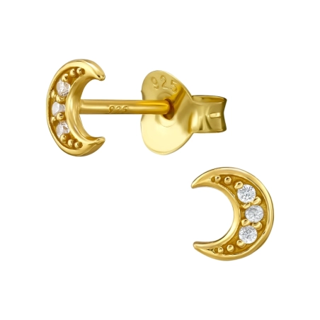Golden moon with cubic zirconias - 925 Sterling Silver Ear Studs With Zirconia Stones