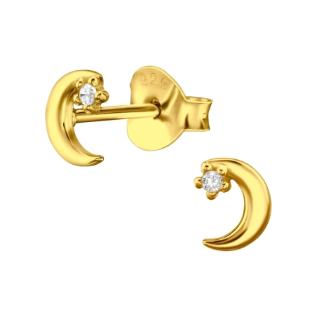 Golden Moon with Zirconia - 925 Sterling Silver Ear Studs With Zirconia Stones