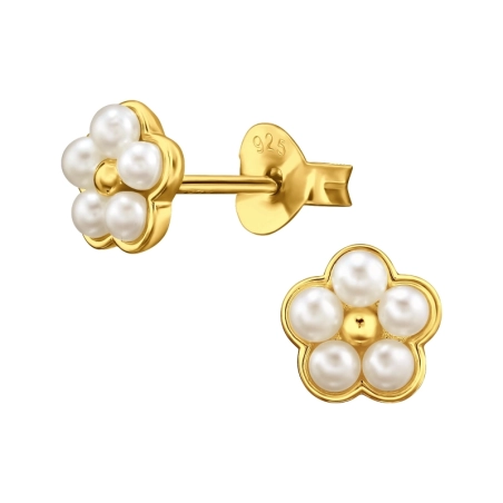 Flowers - 925 Sterling Silver Ear Studs with Pearls