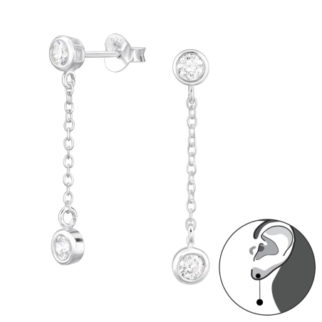 Round cubic zirconia on a chain - 925 Sterling Silver Ear Studs With Zirconia Stones