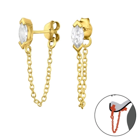 Golden Marquise Shape - 925 Sterling Silver Double-Sided Ear Studs