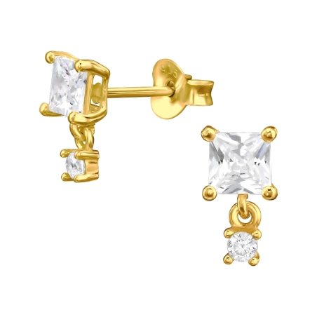  Golden Square  with Zirconia stones - 925 Sterling Silver Ear Studs With Zirconia Stones