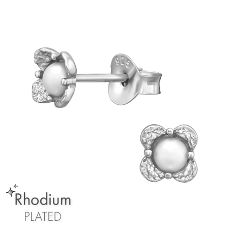 Flower with a pearl - 925 Sterling Silver Ear Studs With Pearls
