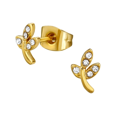 Golden Leaves with Crystals - 316L Surgical Grade Stainless Steel Steel Ear Studs