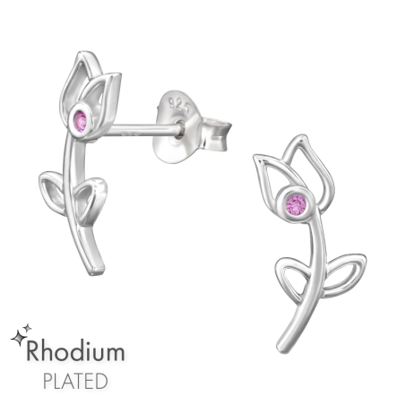Tulip with zirconia - 925 Sterling Silver Ear Studs With Zirconia Stones