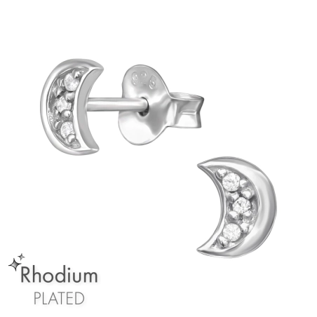 Crescent Moon with Zirconia - 925 Sterling Silver Ear Studs With Zirconia Stones