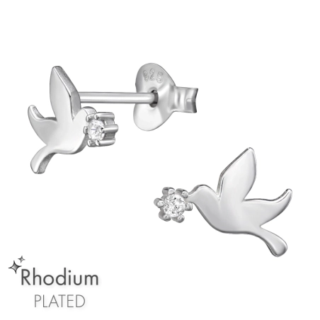 Bird with Zirconia - 925 Sterling Silver Ear Studs With Zirconia Stones