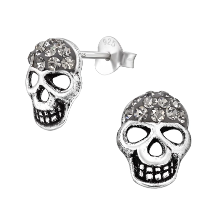 Oxidized Skull with Crystals - 925 Sterling Silver Ear Studs With Crystal Stones