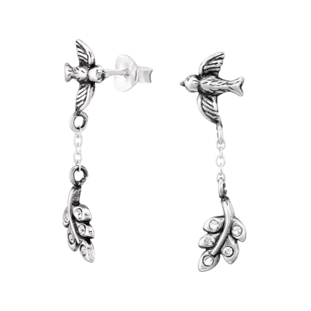 Bird And Leaf - 925 Sterling Silver Ear Studs with Crystal stones