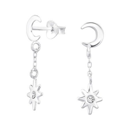 Crescent Moon hanging Star - 925 Sterling Silver Ear Studs With Crystal Stones