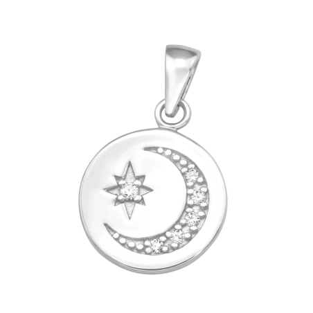 Moon And Star with Zirconia - 925 Sterling Silver Pendants With Zirconia Stones