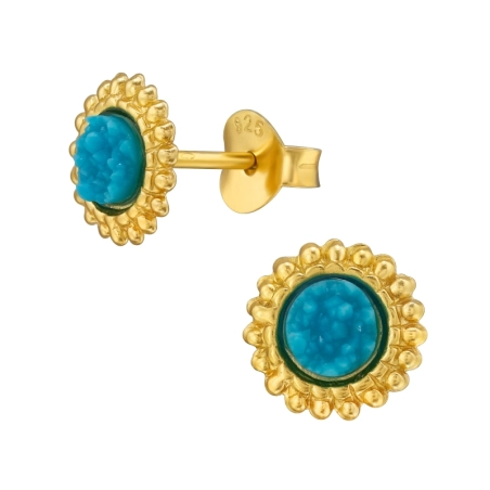 Golden Round - 925 Sterling Silver Ear Studs With Semi-Precious Stones