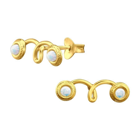 Golden Round with Opal - 925 Sterling Silver Ear Studs With Semi-Precious Stones