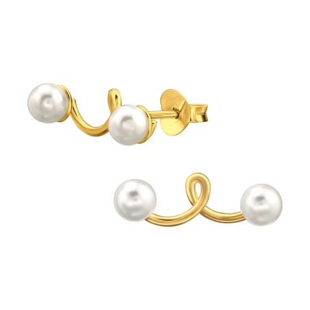 Golden Climber with Pearl - 925 Sterling Silver Ear Studs With Pearls