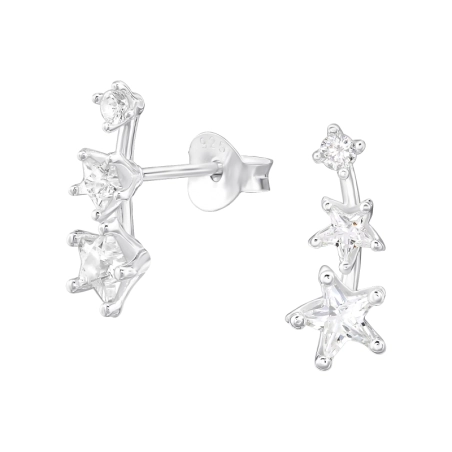 Triple Star with Zirconia - 925 Sterling Silver Ear Studs With Zirconia Stones