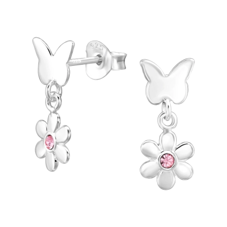 ฺButterfly And Flower - 925 Sterling Silver Ear Studs with Crystal stones