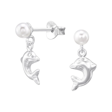 Pearl with hanging Dolphin - 925 Sterling Silver Ear Studs With Pearls