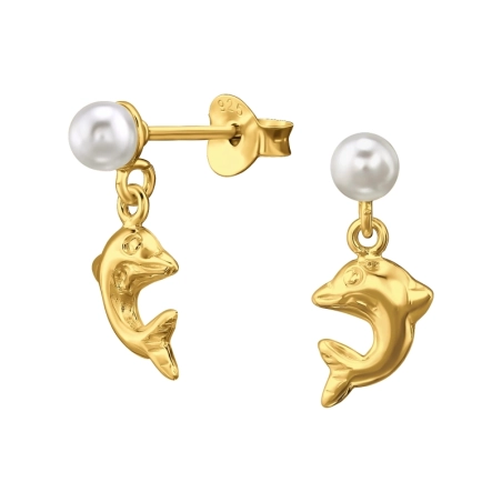 Golden pearl with hanging Dolphin - 925 Sterling Silver Ear Studs With Pearls
