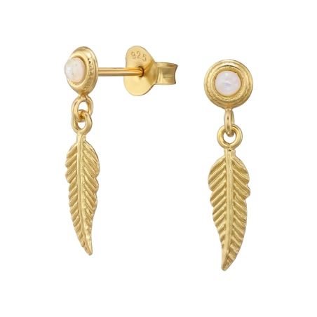 Feather with Opal - 925 Sterling Silver Earrings With Semi-Precious Stones & Opal