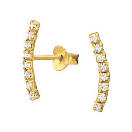 Golden plated Curved Bar Ear Studs - 925 Sterling Silver Ear Studs With Crystal Stones