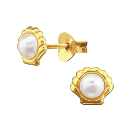 Gold plated Shell Ear studs - 925 Sterling Silver Ear Studs With Pearls