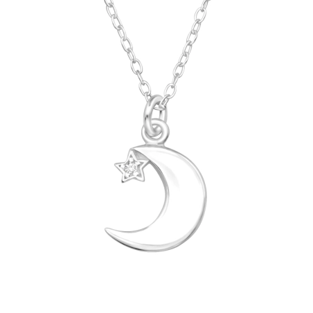 Moon With Star with Zirconia - 925 Sterling Silver Necklace With Stones