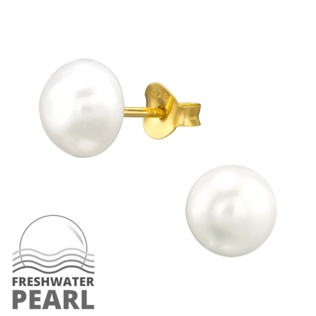 Gold plated 8mm with Pearl - 925 Sterling Silver Ear Studs With Pearls