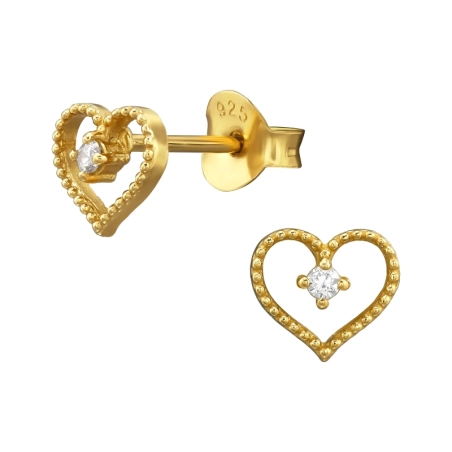 Gold plated Heart with Zirconia - 925 Sterling Silver Ear Studs With Zirconia Stones