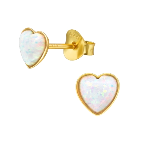 Golden Heart with synthetic Opal stone - 925 Sterling Silver Ear Studs With Semi-Precious Stones