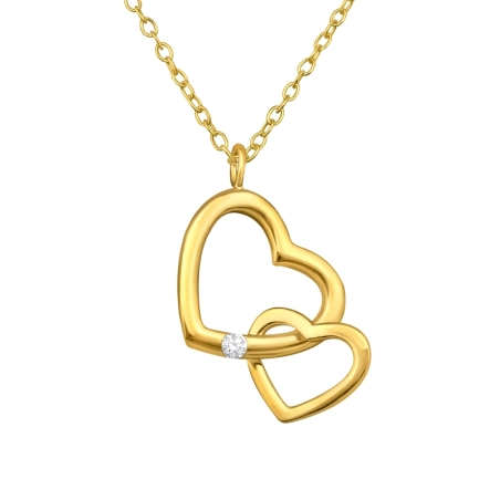 Double Heart with Zirconia - 925 Sterling Silver Necklace With Stones