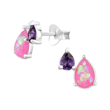 Colorful Teardrop - 925 Sterling Silver Ear Studs With Zirconia Stones