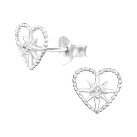 Starburst Heart - 925 Sterling Silver Ear Studs With Zirconia Stones