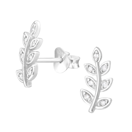 Leaf with zirconias - 925 Sterling Silver Ear Studs With Zirconia Stones