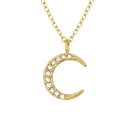 Golden Crescent Moon - 925 Sterling Silver Necklace With Stones
