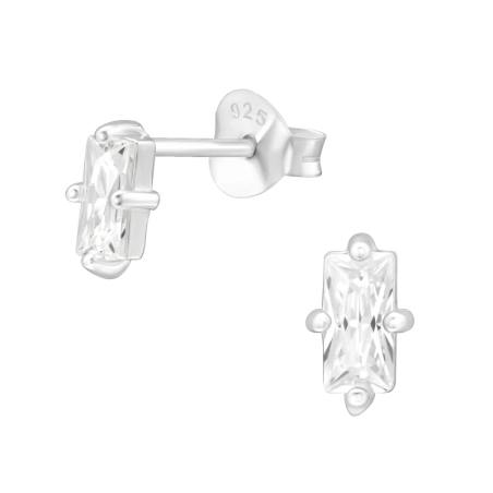 Baguette shaped Zirconia  - 925 Sterling Silver Ear Studs With Zirconia Stones