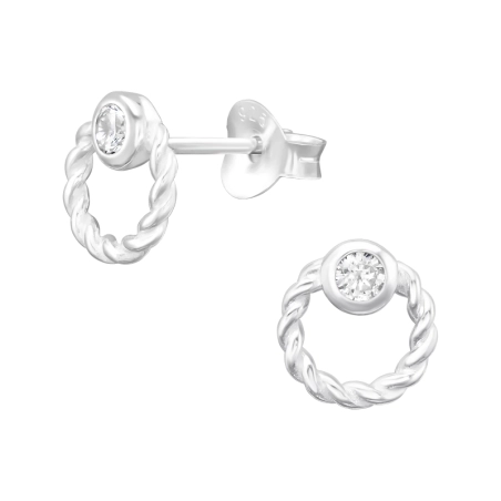 Twisted Circle Ear Studs with Zirconia - 925 Sterling Silver Ear Studs With Zirconia Stones