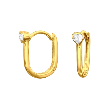Golden Huggies with heart zirconia  - 925 Sterling Silver Ear Hoops