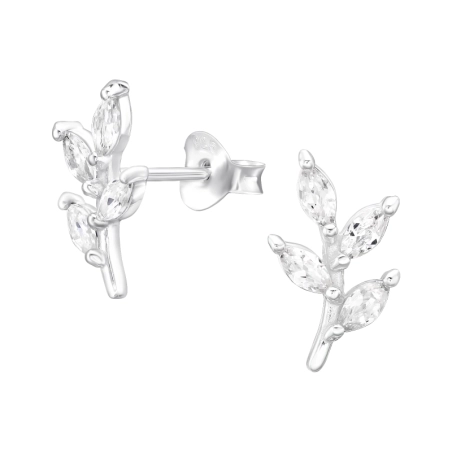 Olive branch with leafs - 925 Sterling Silver Ear Studs With Zirconia Stones