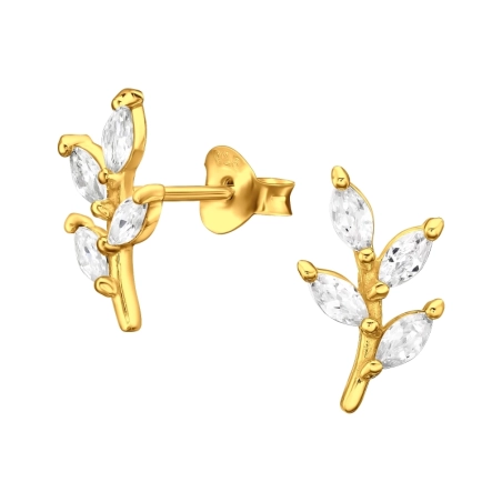 Golden Olive Leaf - 925 Sterling Silver Ear Studs With Zirconia Stones