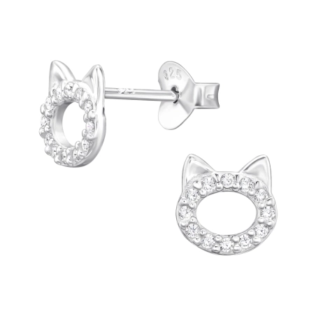 Cat face with zirconia - 925 Sterling Silver Ear Studs With Zirconia Stones