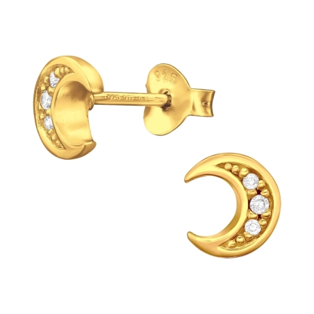 Golden Crescent Moon - 925 Sterling Silver Ear Studs With Zirconia Stones