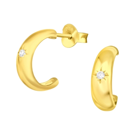 Golden Half Hoop - 925 Sterling Silver Ear Studs With Zirconia Stones