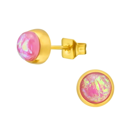 Gold Surgical Steel Round 5mm Ear Studs With Synthetic Opal - 316L Surgical Grade Stainless Steel Steel Ear Studs