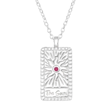 Sun on plate with red Garnet zirconia - 925 Sterling Silver Necklace With Stones
