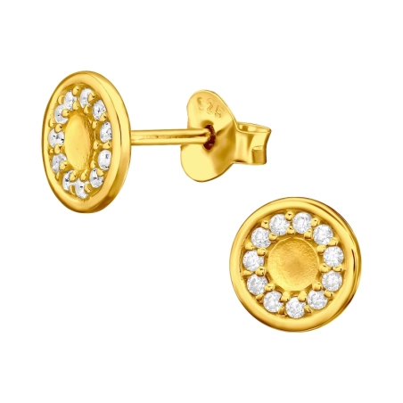 Golden coin with Zirconias - 925 Sterling Silver Ear Studs With Zirconia Stones