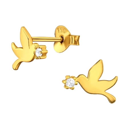 Golden Dove peace  - 925 Sterling Silver Ear Studs With Zirconia Stones
