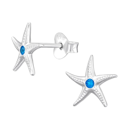 Starfish with blue Zirconia - 925 Sterling Silver Ear Studs With Zirconia Stones